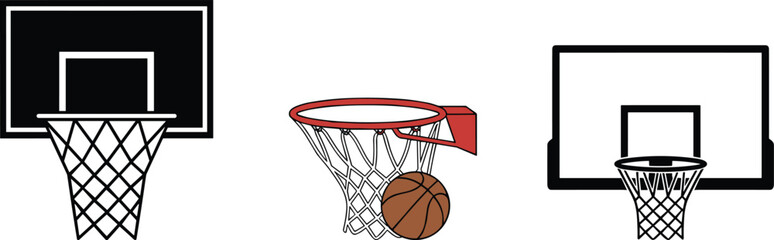 Basketball Hoop and Backboard Set Featuring Realistic and Silhouette Styles with a Ball Entering the Net © Shariful