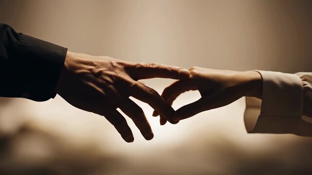 Hands extend toward each other in soft light creating a moment of connection. Dim background emphasizes intimacy and closeness. Concept of relationships, emotional connection, love