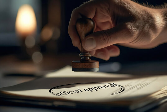 A hand is applying an official seal to a document. The setting appears to be an office or legal environment with warm lighting and a wooden desk.
