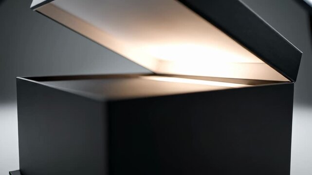 Black box opens revealing light inside. Setting features a clean grey surface with soft shadows. Concept of products packaging, gift solutions, marketing