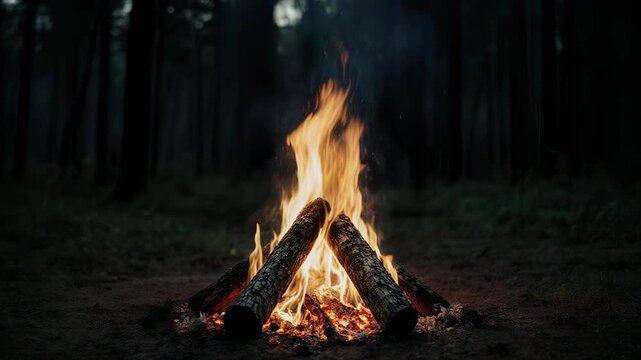 Cozy campfire in a dark forest with glowing embers and smoke rising