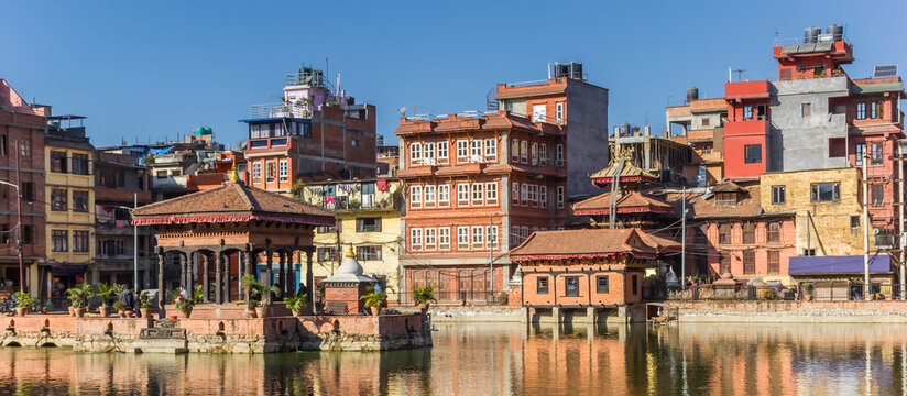 Panorama of Pimbahal Pokhari Krishna Temple and houses in Patan, Nepal