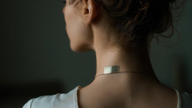 Square diagnostic patch at nape, clinical context shows patient wearing compact monitoring device, metallic surface reflecting examination light, emphasis on continuous vital signal capture, sterile