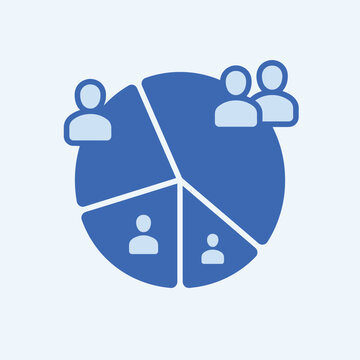 Pie chart icon with human figures representing demographic data, market segmentation, or team distribution, flat vector illustration