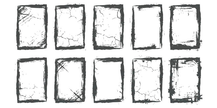 Set of ten rectangular grunge frames with rough ink brush strokes and scratched texture edges for artistic design