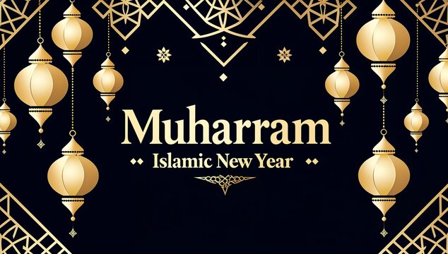 Muharram islamic new year celebration with gold lanterns on black background
