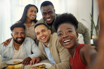 Fototapeta premium Selfie, smile and portrait of friends in home with bonding, connection or hangout together. Happy, gathering and group of people with photography picture for memory on weekend in living room at house