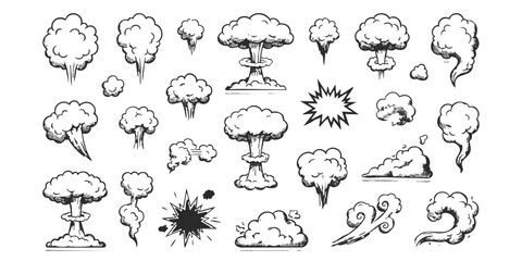 Set of cartoon smoke explosion and cloud icons drawn in a sketch style for comic book action and dynamic design elements © GraphixEra
