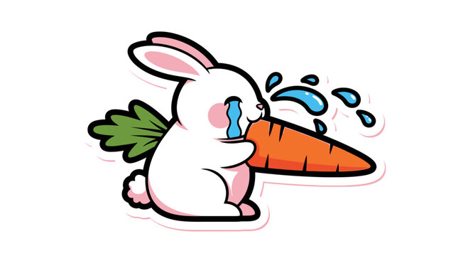 Sad white rabbit holding carrot crying.