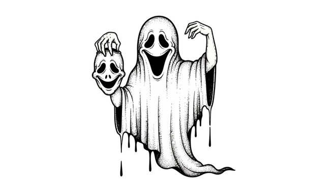 Spooky ghost holding skull mask.