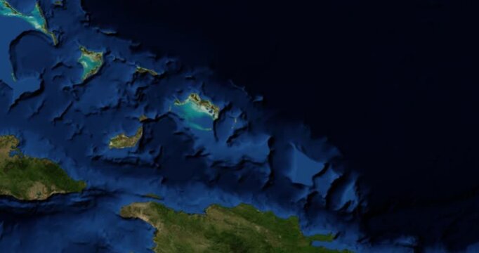 Salt Cay, Turks Islands on Globe. Zoom into the island with Earth spinning in space. High detail physical world map with Salt Cay, Turks Islands on it. Elements of this image furnished by NASA.