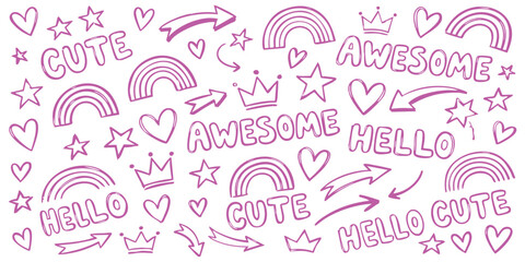 Set of cute pink doodle elements including hearts stars rainbows crowns and handwritten text for fun creative designs © GraphixEra