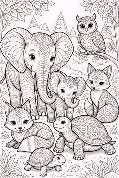 Detailed Forest Animal Family Line Art Illustration in Woodland Scene