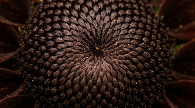Macro photography of the dark, intricate, and spiraling center of a sunflower head showing natural geometric patterns