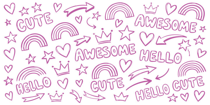 Set of cute pink doodle elements including hearts stars rainbows crowns and handwritten text for fun creative designs