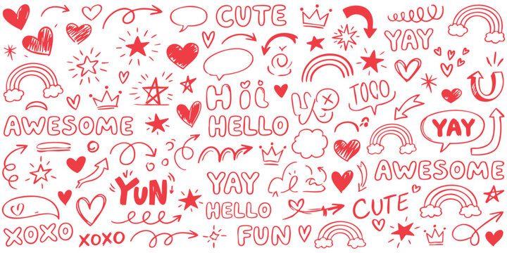 Set of cute hand drawn pink doodle elements with hearts stars rainbows and fun text words for creative designs