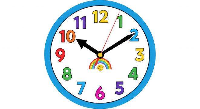Round wall clock with a black face, bright blue frame, and colorful numbers, featuring a small rainbow and smiling sun at the center