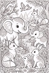 Fototapeta premium Charming Forest Animals Gathered by Winding Stream in Detailed Line Art