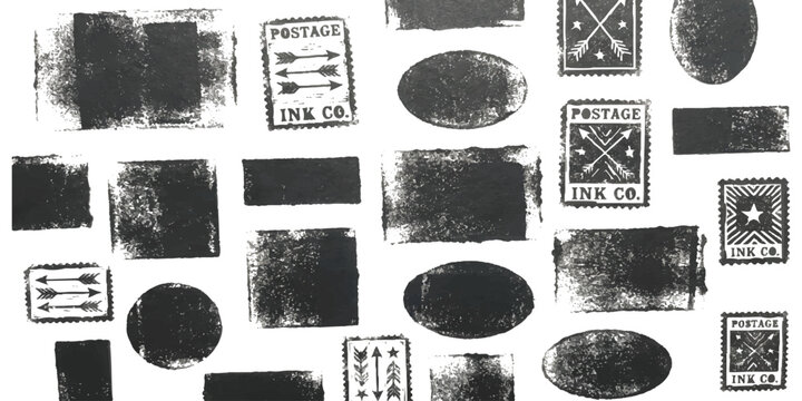 Set of black ink postage stamps and vintage rubber stamp textures on paper