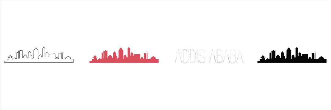 Addis ababa city skyline silhouettes in outline, solid, and dotted text styles