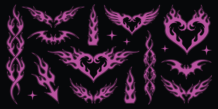 Set of pink fire flame heart and tribal wing shapes for y2k aesthetic graphic design elements on black background
