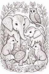 Fototapeta premium Detailed Forest Animal Family Illustration with Elephants Owl Foxes and Turtle Among Leaves