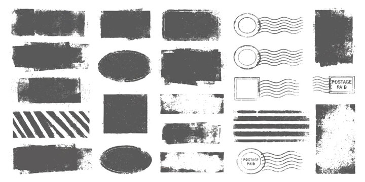 Set of various grunge postage stamps and ink rubber stamp textures for design and vintage mail decoration elements