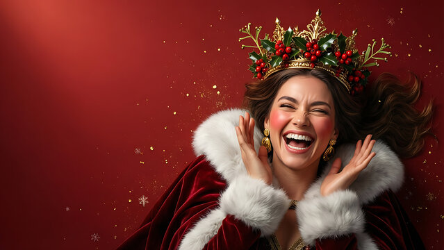Femme joyeuse portant une couronne de No&euml;l festive et une cape rouge bord&eacute;e de fourrure, riant sur un fond rouge