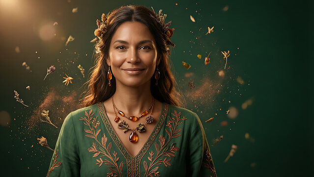 Portrait d&rsquo;une belle femme aux traits naturels, portant une robe verte brod&eacute;e et des bijoux en ambre, entour&eacute;e de fleurs s&eacute;ch&eacute;es flottantes et de particules sur un fond vert fonc&eacute;