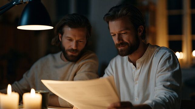 Two co-founders reviewing a vesting schedule document under a single desk lamp in a dimly lit home office, candlelit atmosphere, concentrated expressions, startup equity culture and long-term commit