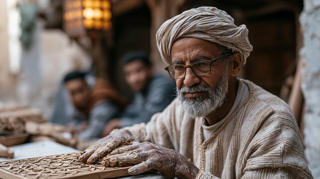 Traditional Moroccan tilemaker pressing geometric patterns into raw clay in a crowded medina workshop, apprentices watching intently, dust-coated hands shaping centuries-old zellige craft techniques