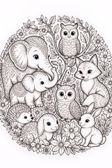 Naklejka premium Intricate Woodland Animals Resting in Circular Floral Line Art Composition