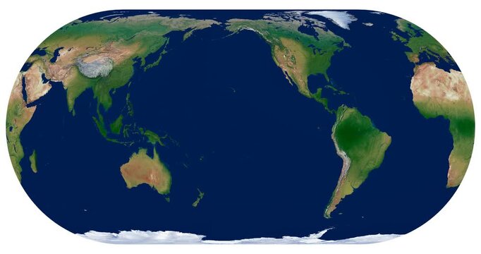 World Map. Herbert Hufnagel pseudocylindrical equal-area projection. High detail physical animation of Earth. Global statistics with longitude rotation.