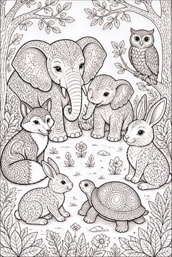 Detailed Forest Animals Gathered in Woodland Clearing Line Art