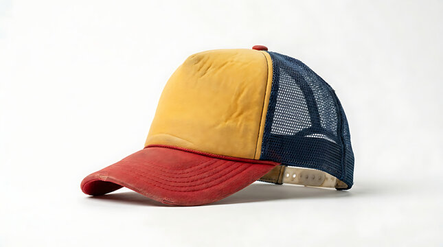 A multicolored baseball cap sits on a white surface indoors.