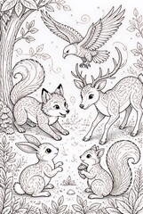 Fototapeta premium Detailed Woodland Animals Gathered in Whimsical Forest Clearing