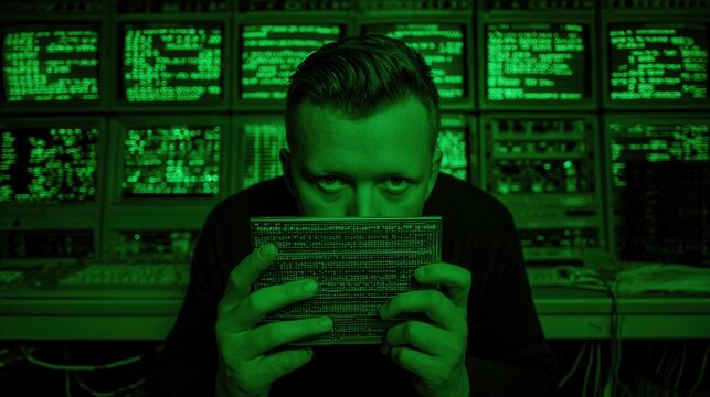 Threat hunter inspecting code module behind green monitors, conducting deep analysis of memory and kernel logs, scanning for exploit indicators and intrusion patterns, intense stare, dim ops room