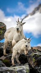 Fototapeta premium Two white mountain goats on rocks.