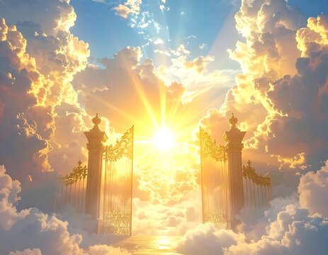 Heavenly gates with sun shining through.