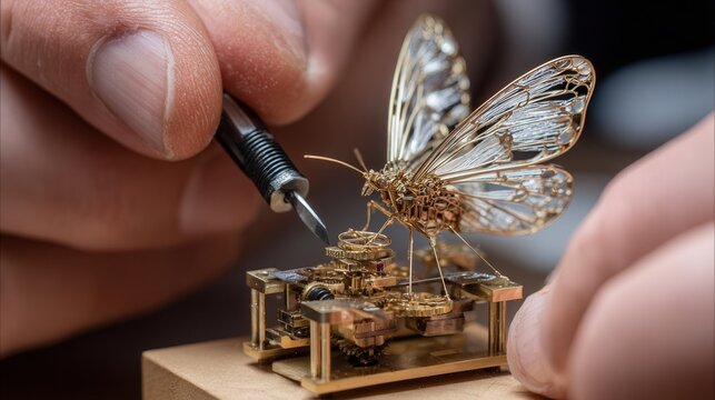 Hands adjusting mechanical butterfly on wooden gear base, delicate brass mechanism exposed, focused maker testing movement and timing under bright studio lamp, prototype motion evaluation