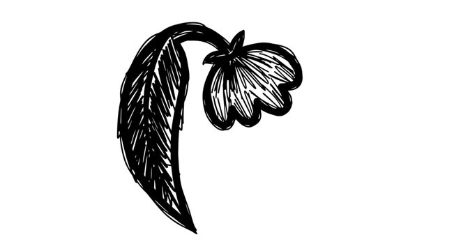 Hand-drawn sketch of a drooping flower with a leaf, black and white illustration.