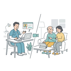 Fototapeta premium Elderly couple receiving remote medical consultation on couch with tablet and video call.