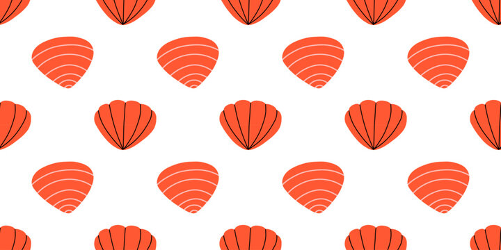 Vector seamless pattern with simple orange seashell and scallop element on white background. Minimal summer ocean print for beach textile, wrapping, stationery and modern coastal decor.