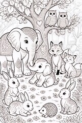 Obraz premium Cute Forest Animals Gathering Under Tree in Detailed Line Art Illustration
