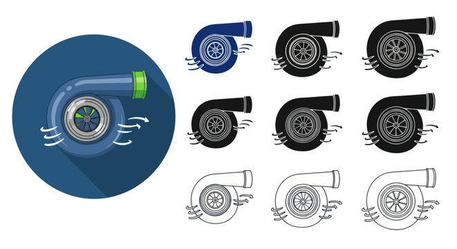 Turbocharger Icon Set: Blue, Black, Line Art on White and Blue Background