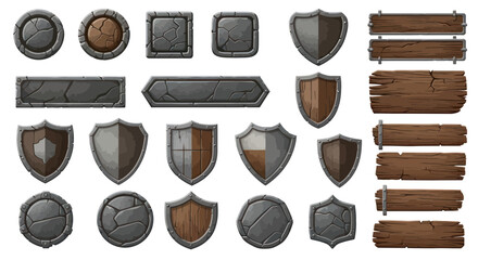 Pixel Art Game UI Elements: Shields, Buttons, and Wood Signs © role