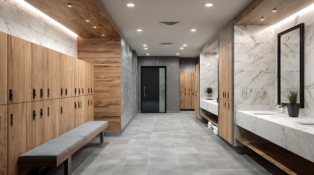 Spacious Wellness Spa Locker Room Interior / 広々としたスパ施設内のお洒落な更衣室インテリア