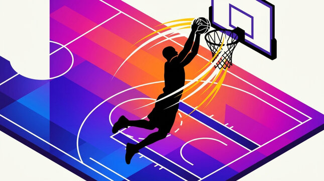 Vibrant Basketball Slam Dunk Silhouette Illustration