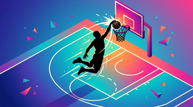 Dynamic Isometric Basketball Slam Dunk Illustration