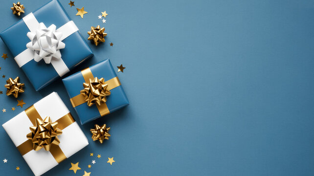 Elegant blue and white gift boxes featuring shiny gold ribbons and bows arranged neatly on a festive surface to celebrate a special holiday event today